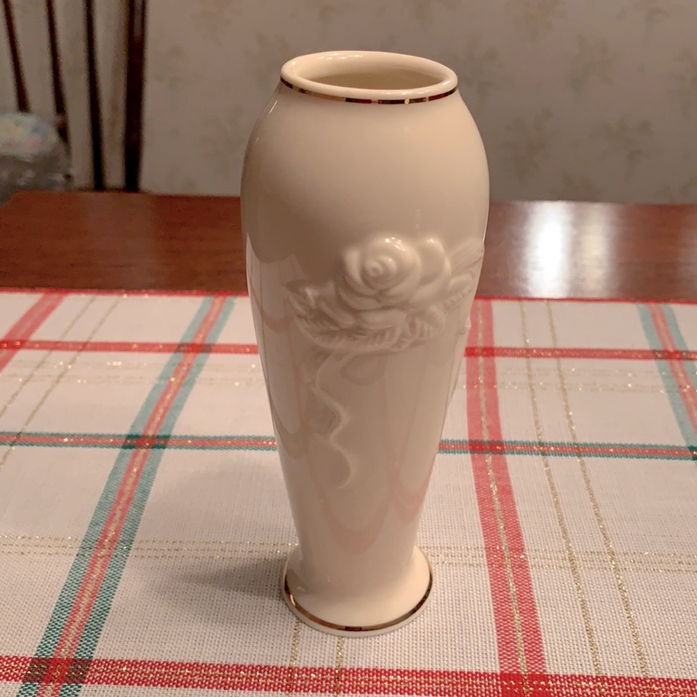 Vintage Lenox Rose Bud Vase with Gold Trim around the top and bottom.